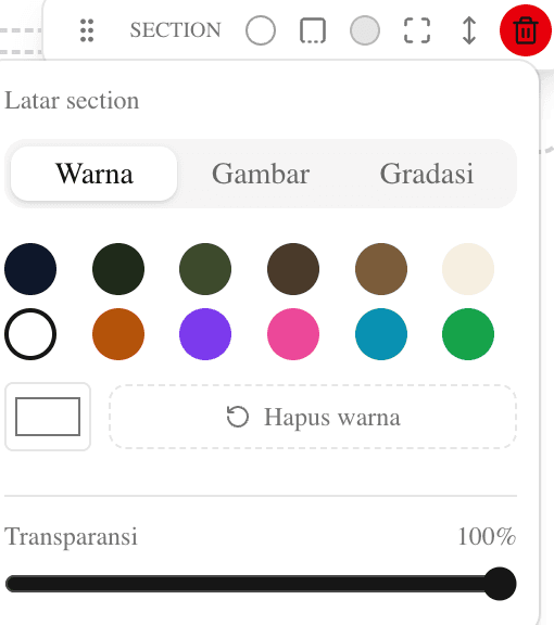 Pilihan latar section: warna, gambar, gradasi